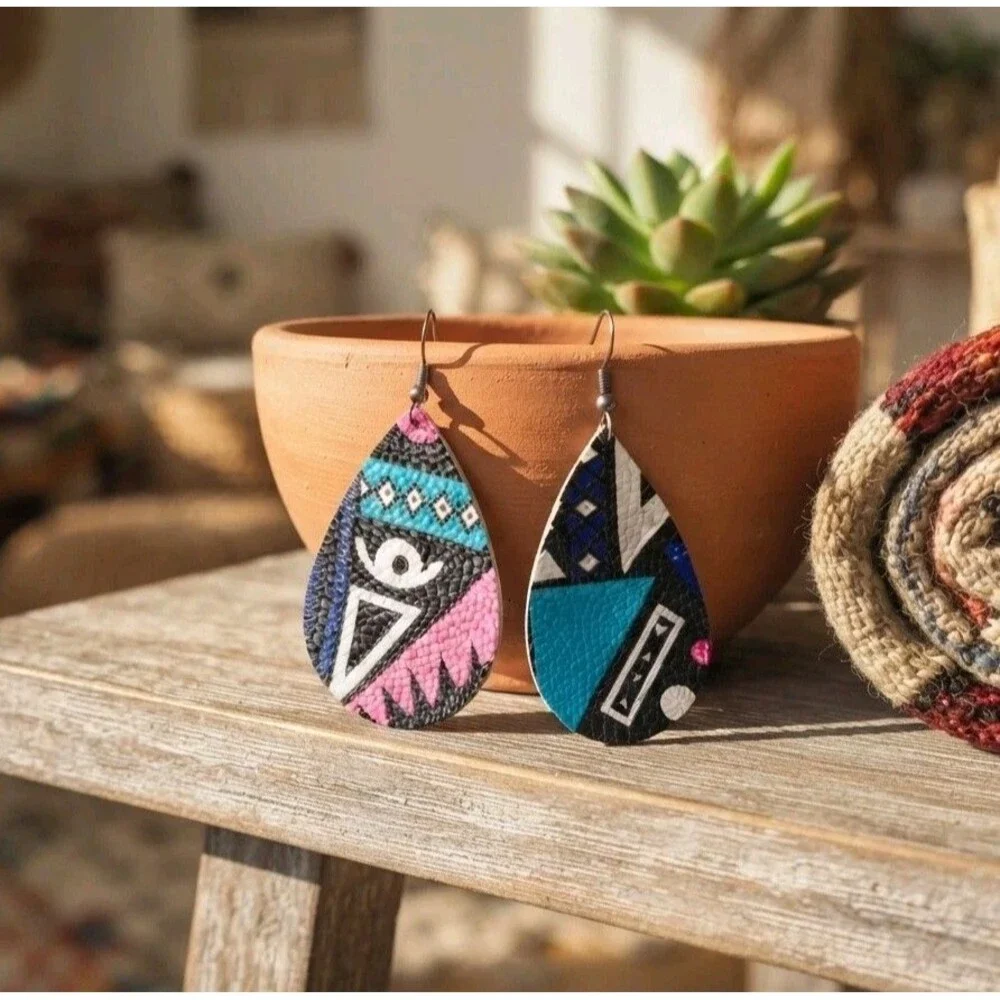 80s Geometric Faux Leather Teardrop Earrings – Retro Statement Dangle Jewelry